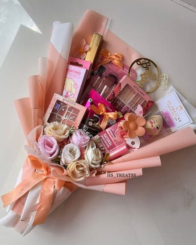 Pink Makeup & Beauty Bouquet for Her - Premium Cosmetics & Flowers Bundle