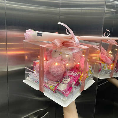 Pink Teddy Bear Acrylic Gift Box with Candy & Fairy Lights